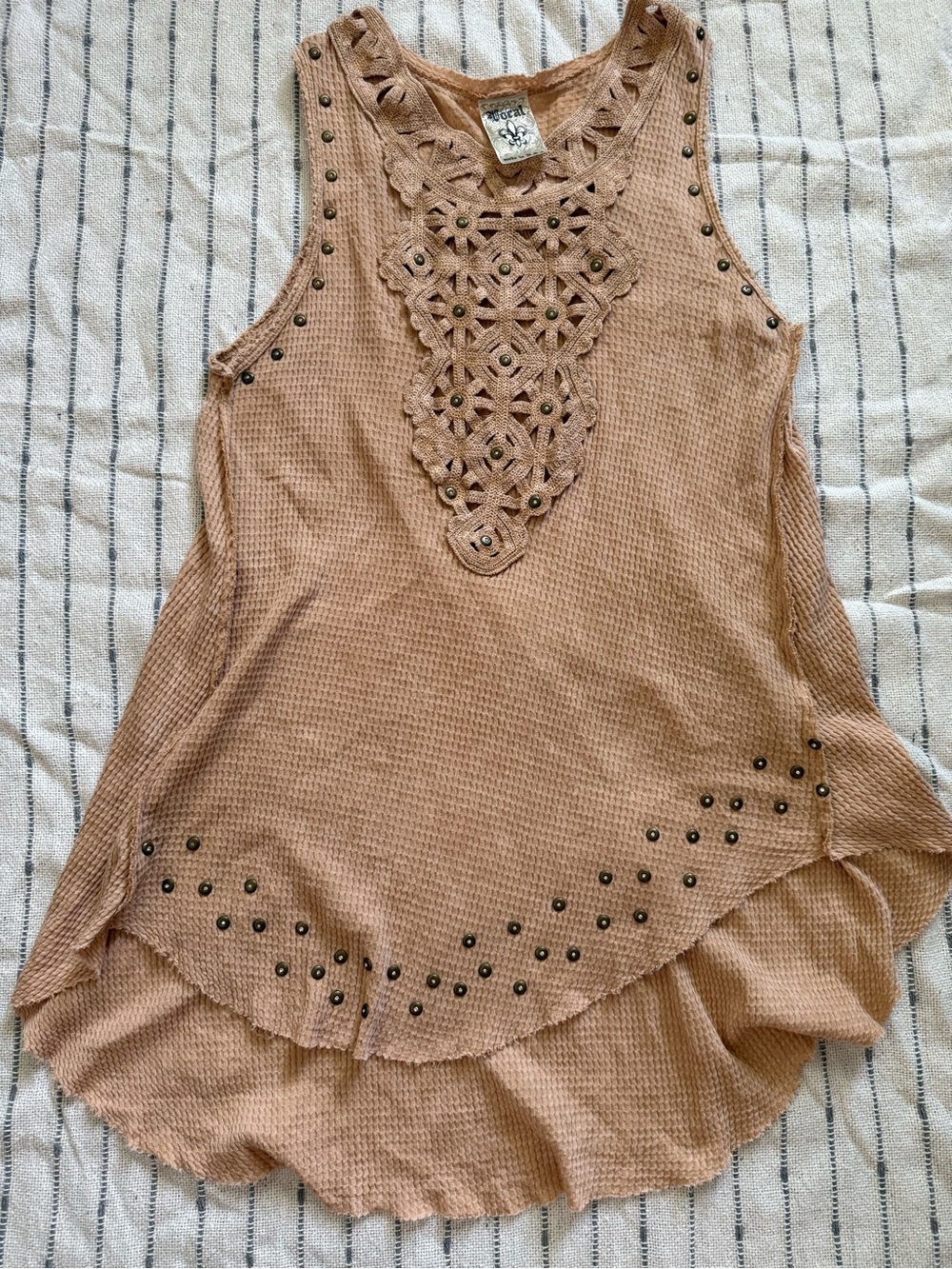 Vocal Boho Lace Inset Studded High Low Tunic Tank Top Beige L